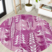 Magenta Hawaii Tapa Pattern Round Carpet With Heliconia Vintage Style