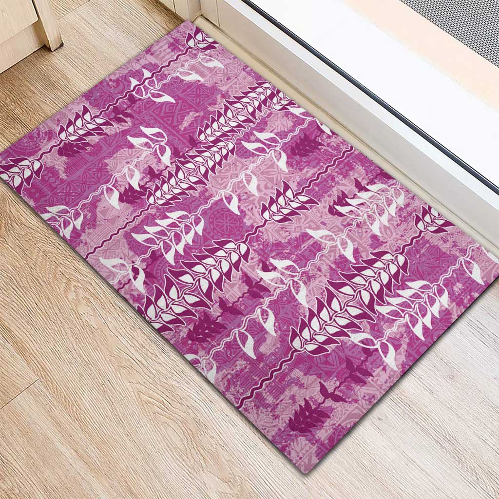 Magenta Hawaii Tapa Pattern Rubber Doormat With Heliconia Vintage Style