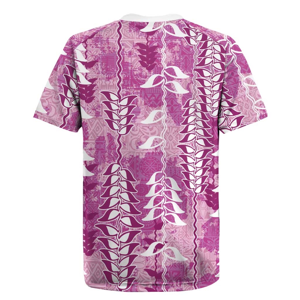 Magenta Hawaii Tapa Pattern Rugby Jersey With Heliconia Vintage Style