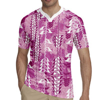 Magenta Hawaii Tapa Pattern Rugby Jersey With Heliconia Vintage Style