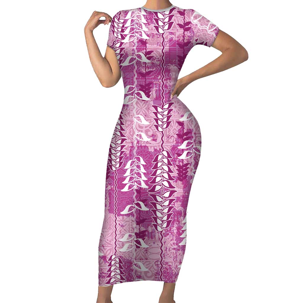 Magenta Hawaii Tapa Pattern Short Sleeve Bodycon Dress With Heliconia Vintage Style