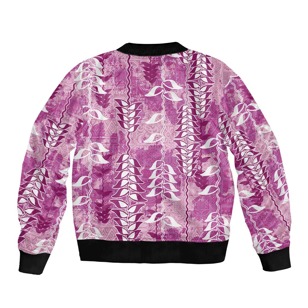 Magenta Hawaii Tapa Pattern Sleeve Zip Bomber Jacket With Heliconia Vintage Style