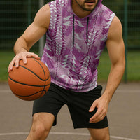 Magenta Hawaii Tapa Pattern Sleeveless Hoodie With Heliconia Vintage Style