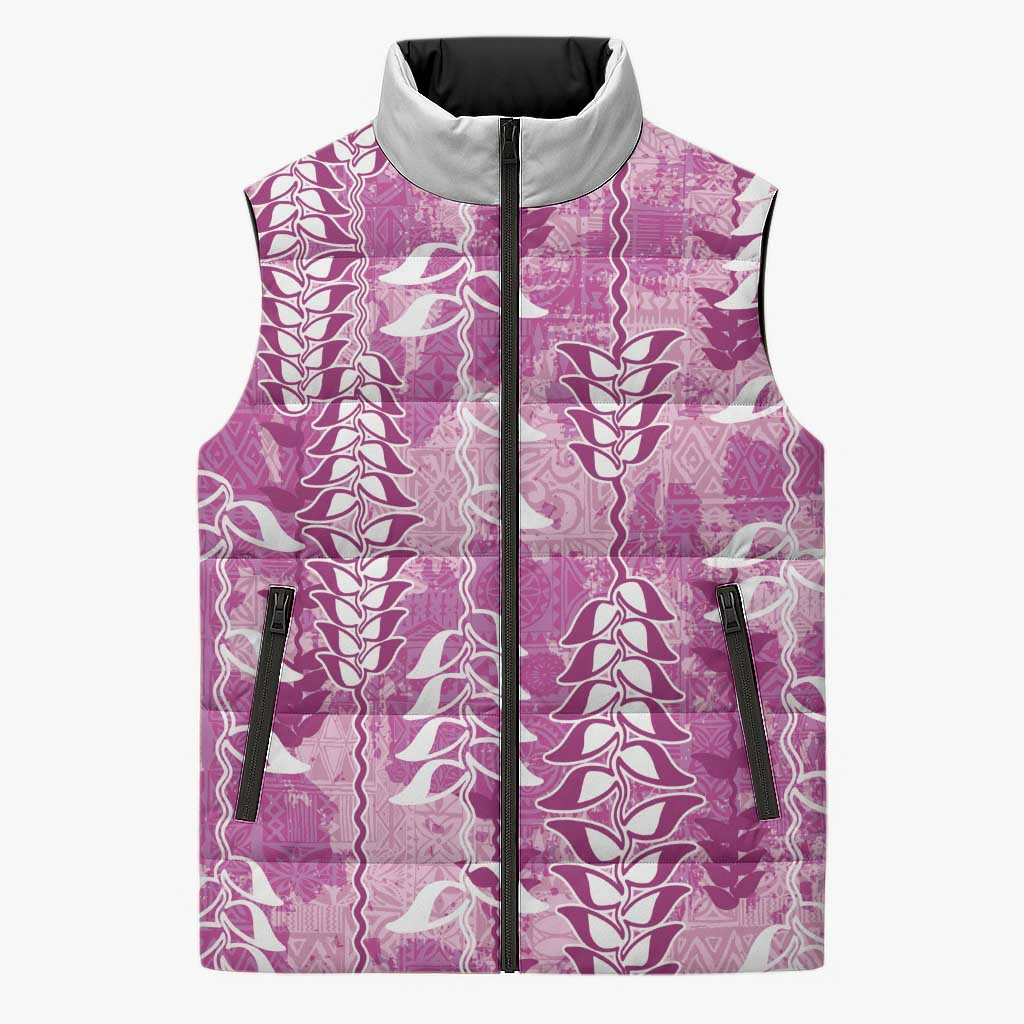 Magenta Hawaii Tapa Pattern Sleeveless Puffer Jacket With Heliconia Vintage Style