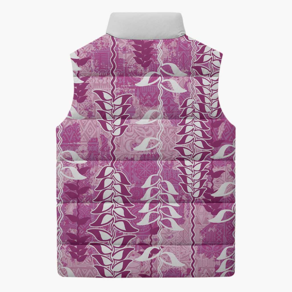 Magenta Hawaii Tapa Pattern Sleeveless Puffer Jacket With Heliconia Vintage Style