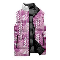 Magenta Hawaii Tapa Pattern Sleeveless Puffer Jacket With Heliconia Vintage Style