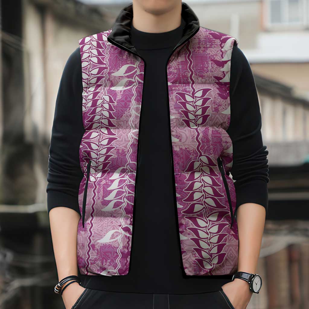 Magenta Hawaii Tapa Pattern Sleeveless Puffer Jacket With Heliconia Vintage Style