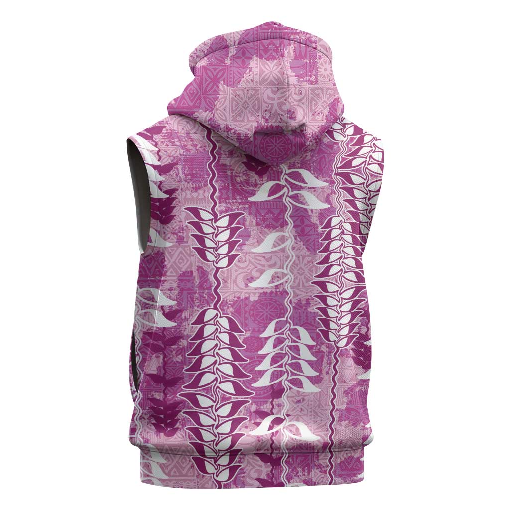 Magenta Hawaii Tapa Pattern Sleeveless Zip Hoodie With Heliconia Vintage Style