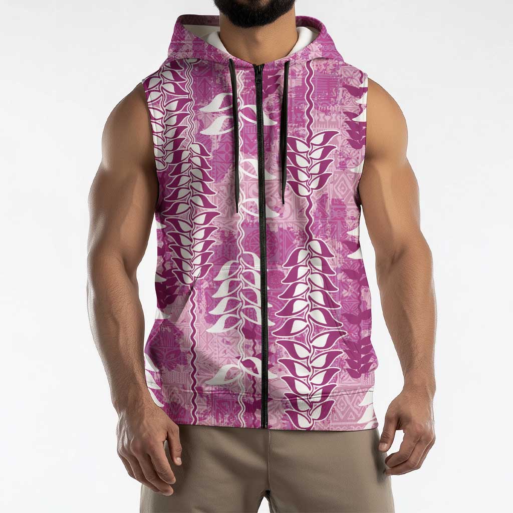 Magenta Hawaii Tapa Pattern Sleeveless Zip Hoodie With Heliconia Vintage Style
