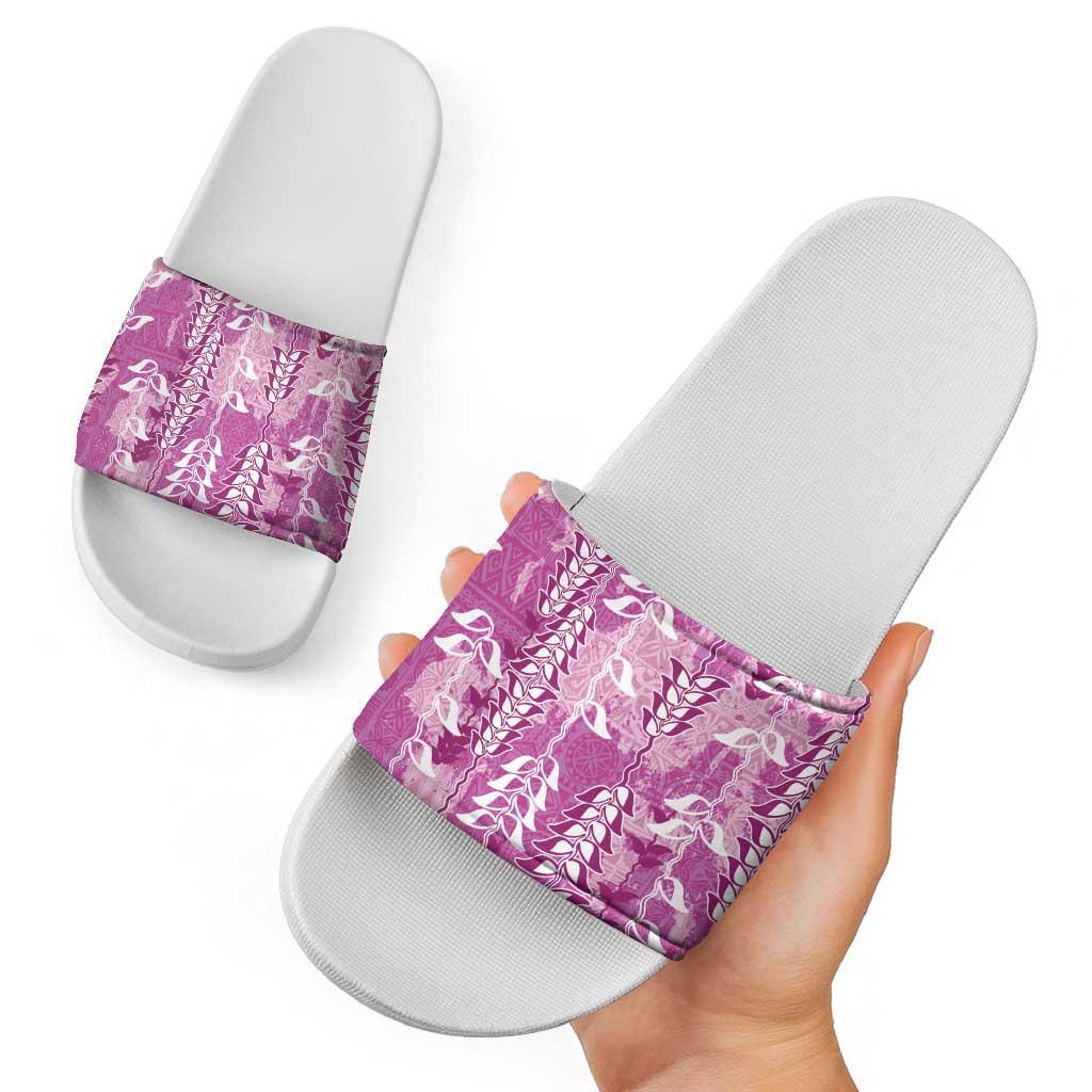 Magenta Hawaii Tapa Pattern Slide Sandals With Heliconia Vintage Style