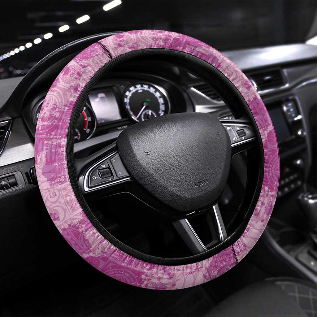 Magenta Hawaii Tapa Pattern Steering Wheel Cover With Heliconia Vintage Style