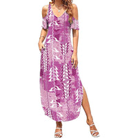Magenta Hawaii Tapa Pattern Summer Maxi Dress With Heliconia Vintage Style