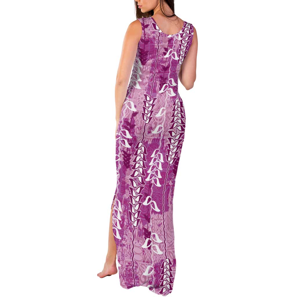 Magenta Hawaii Tapa Pattern Tank Maxi Dress With Heliconia Vintage Style