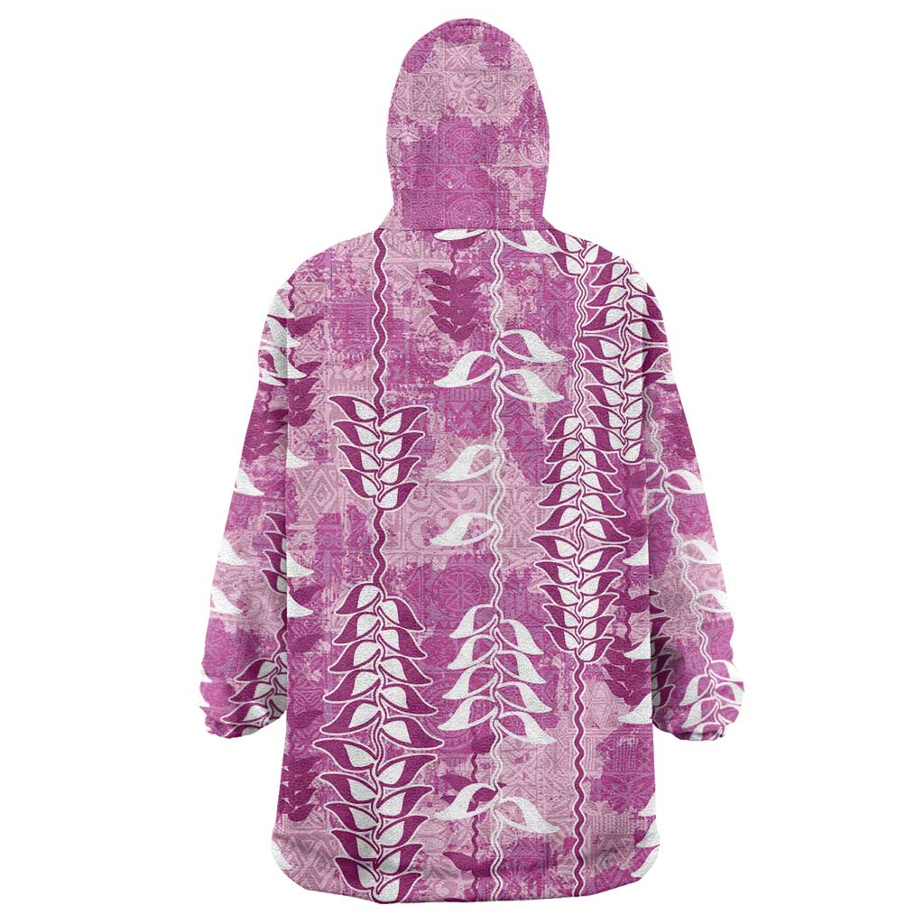 Magenta Hawaii Tapa Pattern Wearable Blanket Hoodie With Heliconia Vintage Style