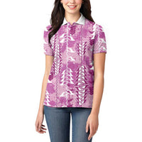 Magenta Hawaii Tapa Pattern Women Polo Shirt With Heliconia Vintage Style