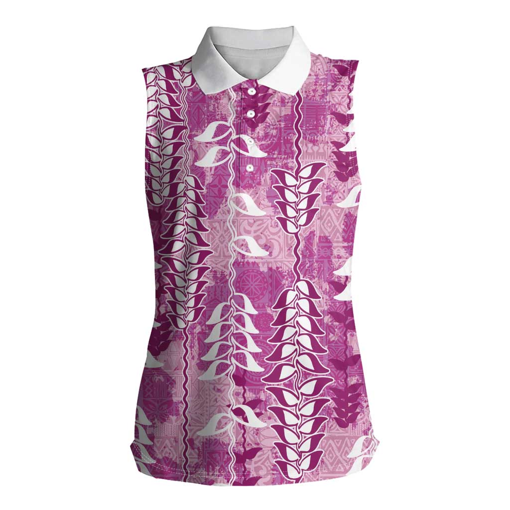 Magenta Hawaii Tapa Pattern Women Sleeveless Polo Shirt With Heliconia Vintage Style