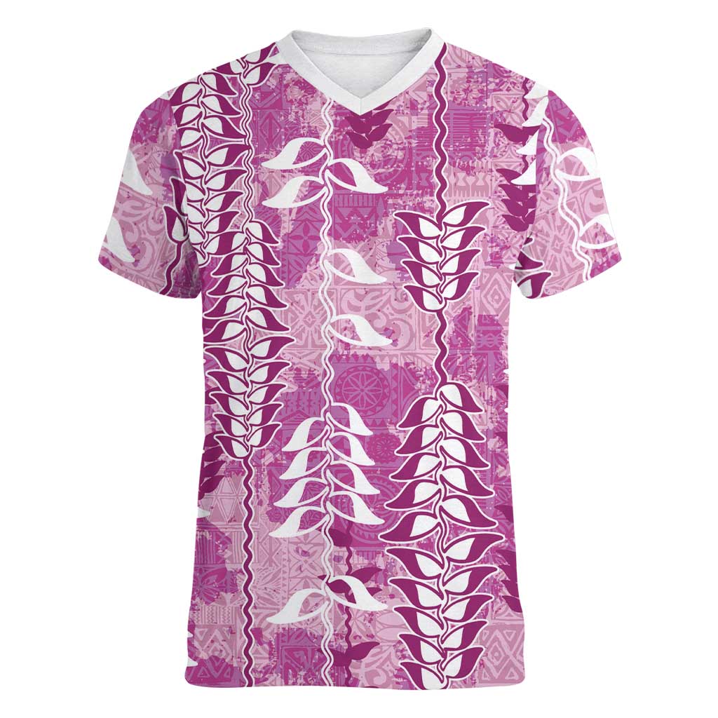 Magenta Hawaii Tapa Pattern Women V-Neck T-Shirt With Heliconia Vintage Style