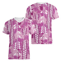 Magenta Hawaii Tapa Pattern Women V-Neck T-Shirt With Heliconia Vintage Style