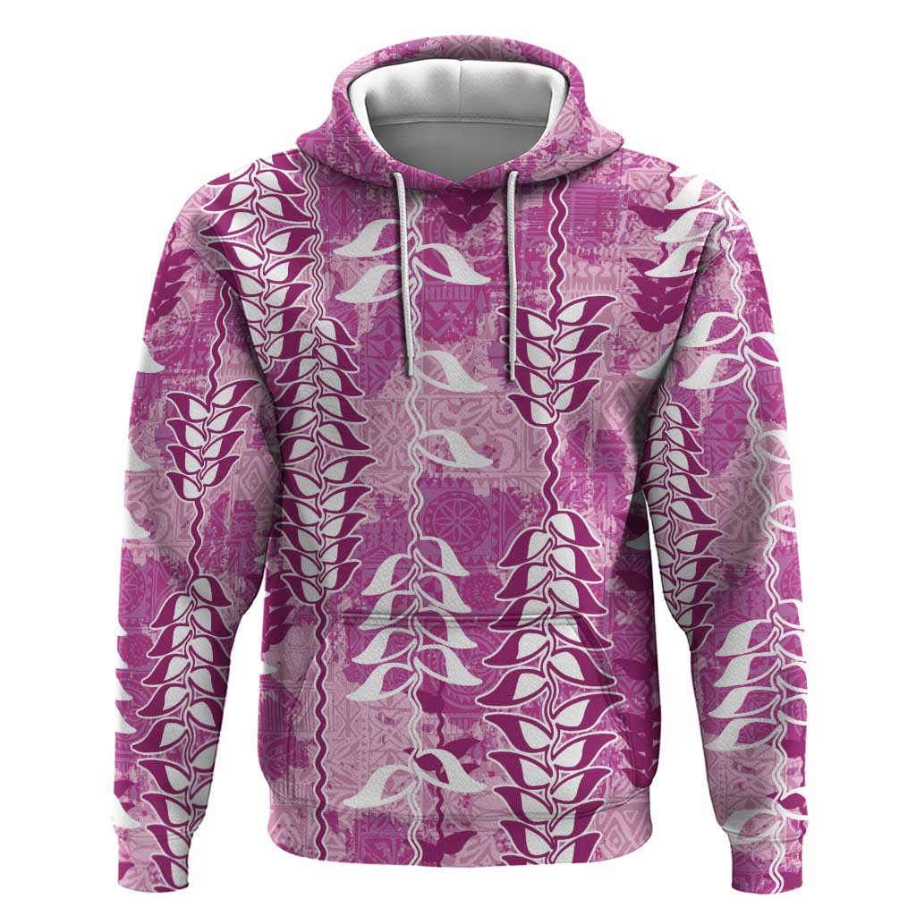 Magenta Hawaii Tapa Pattern Zip Hoodie With Heliconia Vintage Style
