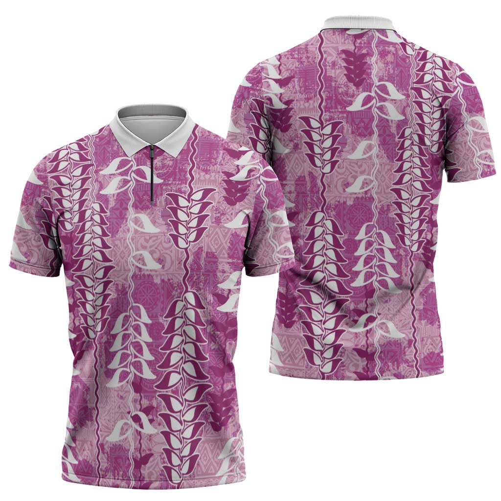 Magenta Hawaii Tapa Pattern Zipper Polo Shirt With Heliconia Vintage Style