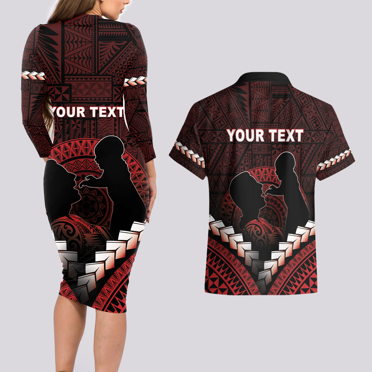 Personalised Tonga Happy Father's Day Couples Matching Long Sleeve Bodycon Dress and Hawaiian Shirt Ofa Lahi Atu Dad Polynesian Tribal LT05 - Polynesian Pride