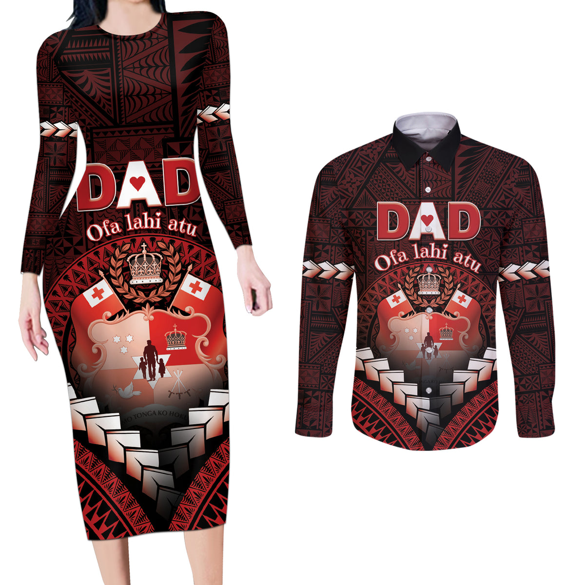 Personalised Tonga Happy Father's Day Couples Matching Long Sleeve Bodycon Dress and Long Sleeve Button Shirt Ofa Lahi Atu Dad Polynesian Tribal LT05 Red - Polynesian Pride