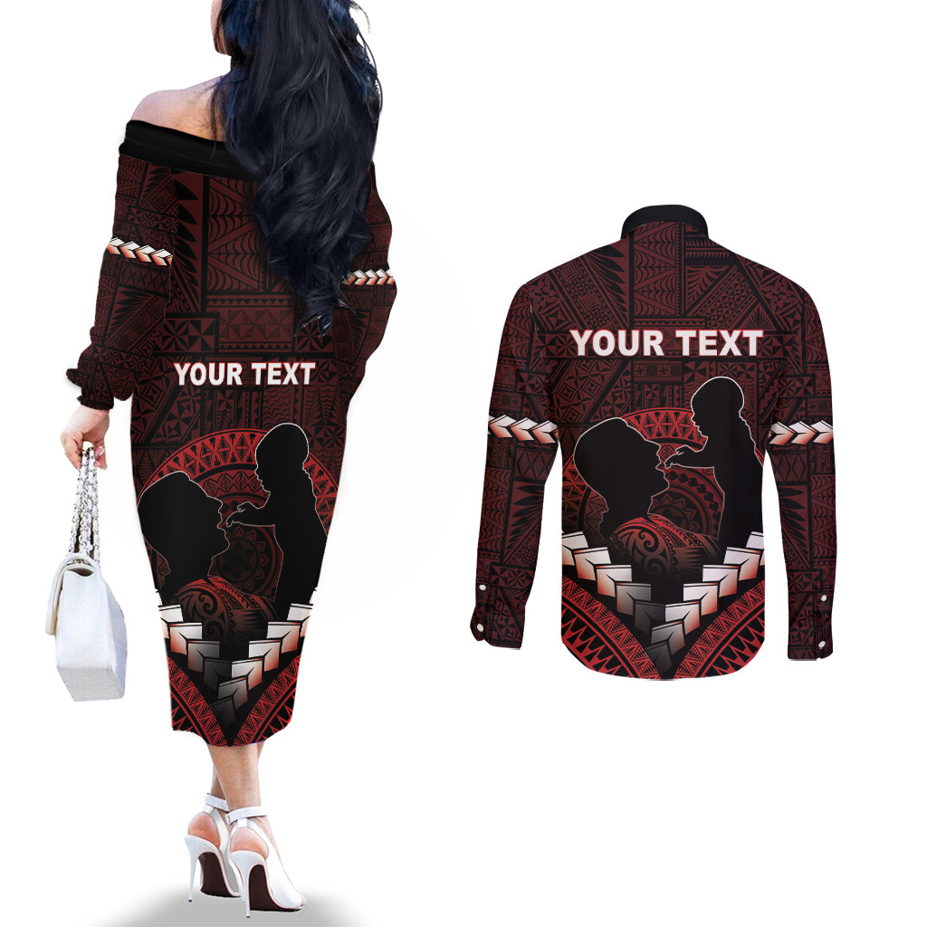 Personalised Tonga Happy Father's Day Couples Matching Off The Shoulder Long Sleeve Dress and Long Sleeve Button Shirt Ofa Lahi Atu Dad Polynesian Tribal LT05 - Polynesian Pride