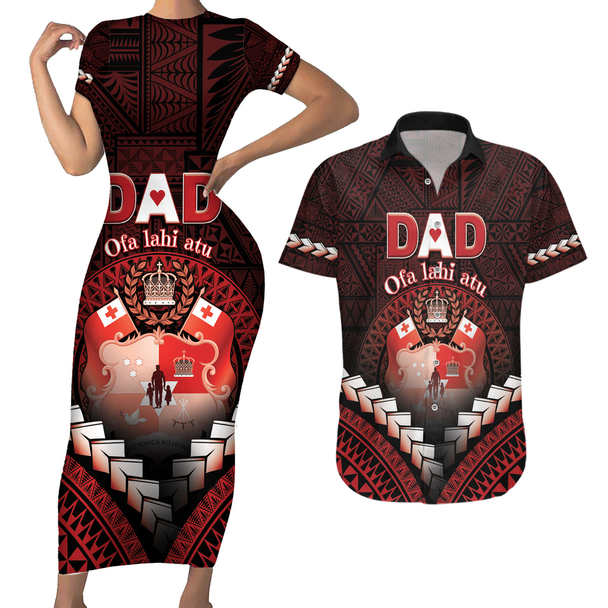 Personalised Tonga Happy Father's Day Couples Matching Short Sleeve Bodycon Dress and Hawaiian Shirt Ofa Lahi Atu Dad Polynesian Tribal LT05 Red - Polynesian Pride