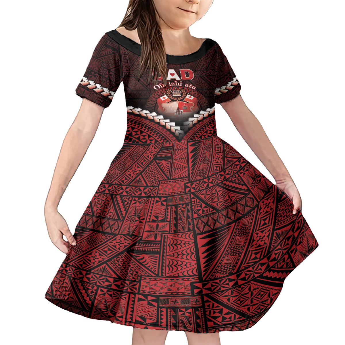 Personalised Tonga Happy Father's Day Family Matching Long Sleeve Bodycon Dress and Hawaiian Shirt Ofa Lahi Atu Dad Polynesian Tribal LT05 Daughter's Dress Red - Polynesian Pride