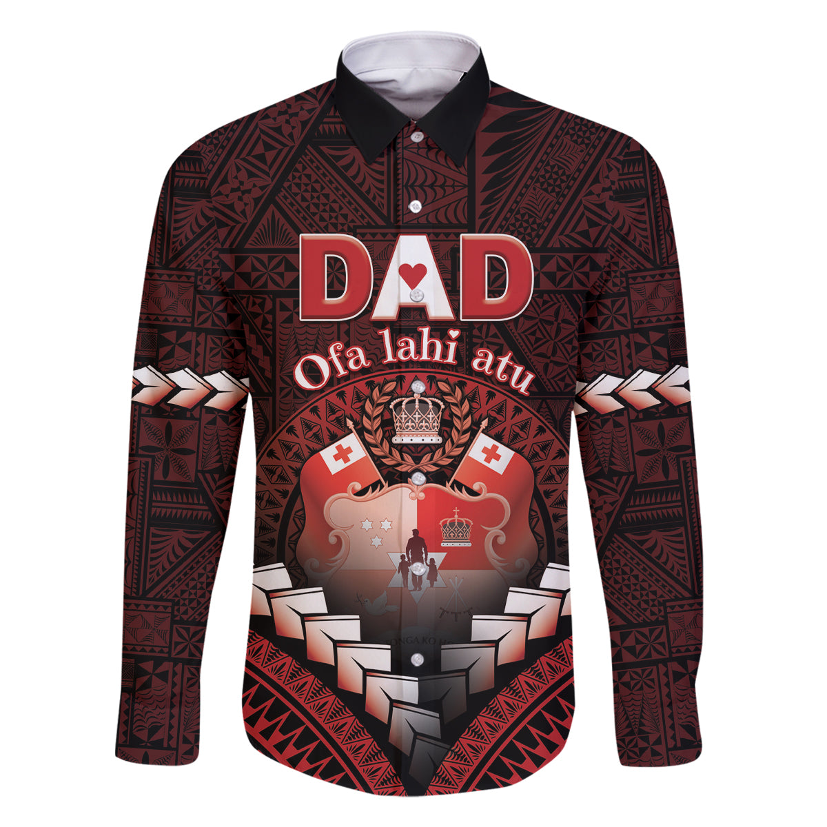 Personalised Tonga Happy Father's Day Family Matching Long Sleeve Bodycon Dress and Hawaiian Shirt Ofa Lahi Atu Dad Polynesian Tribal LT05 Dad's Shirt - Long Sleeve Red - Polynesian Pride