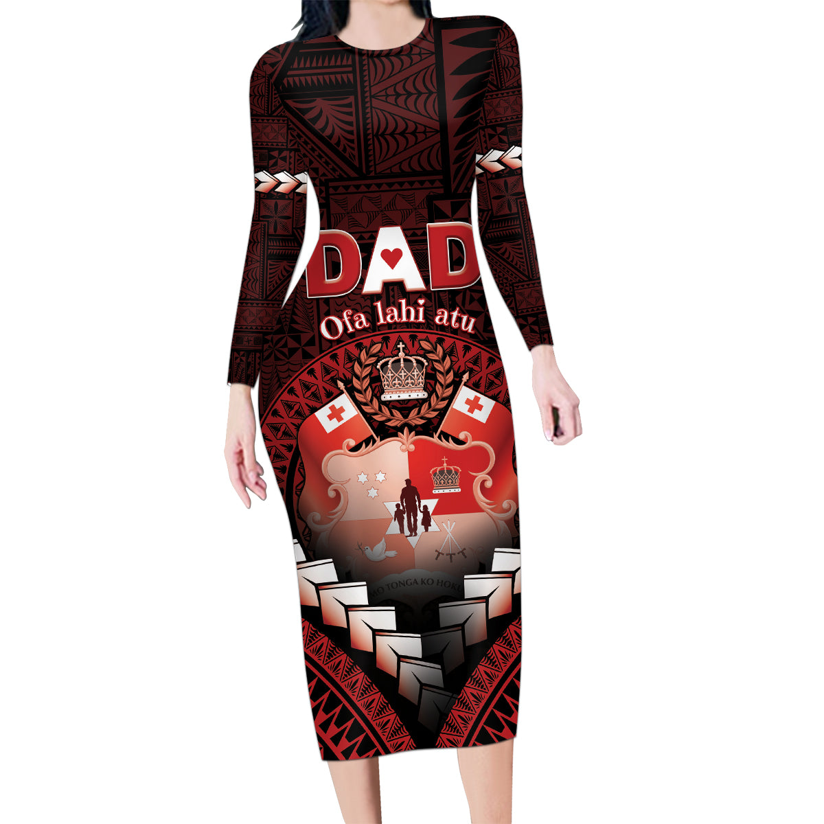 Personalised Tonga Happy Father's Day Family Matching Long Sleeve Bodycon Dress and Hawaiian Shirt Ofa Lahi Atu Dad Polynesian Tribal LT05 Mom's Dress Red - Polynesian Pride