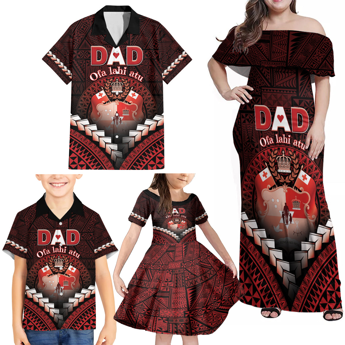 Personalised Tonga Happy Father's Day Family Matching Off Shoulder Maxi Dress and Hawaiian Shirt Ofa Lahi Atu Dad Polynesian Tribal