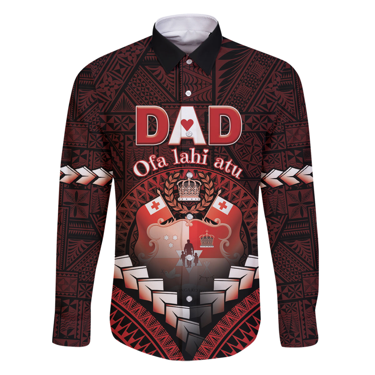 Personalised Tonga Happy Father's Day Family Matching Puletasi and Hawaiian Shirt Ofa Lahi Atu Dad Polynesian Tribal LT05 Dad's Shirt - Long Sleeve Red - Polynesian Pride