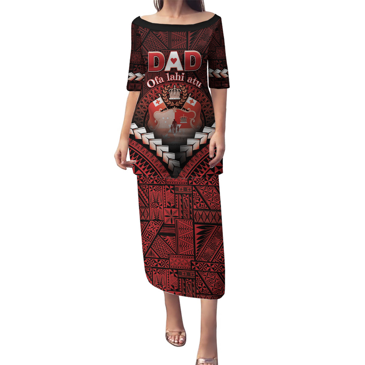 Personalised Tonga Happy Father's Day Family Matching Puletasi and Hawaiian Shirt Ofa Lahi Atu Dad Polynesian Tribal LT05 Mom's Dress Red - Polynesian Pride