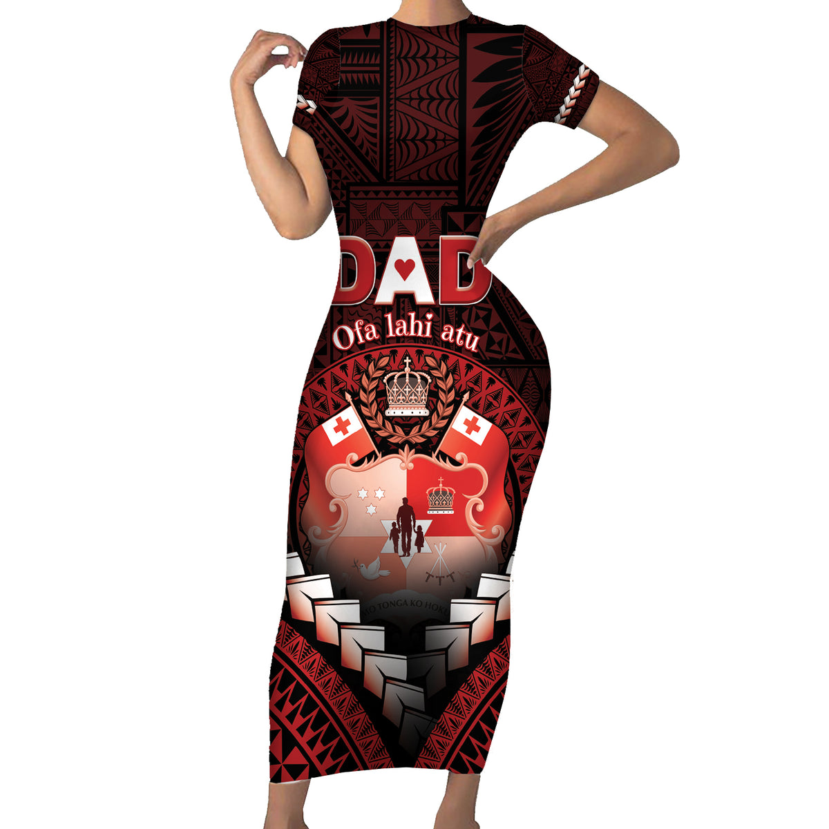 Personalised Tonga Happy Father's Day Family Matching Short Sleeve Bodycon Dress and Hawaiian Shirt Ofa Lahi Atu Dad Polynesian Tribal LT05 Mom's Dress Red - Polynesian Pride