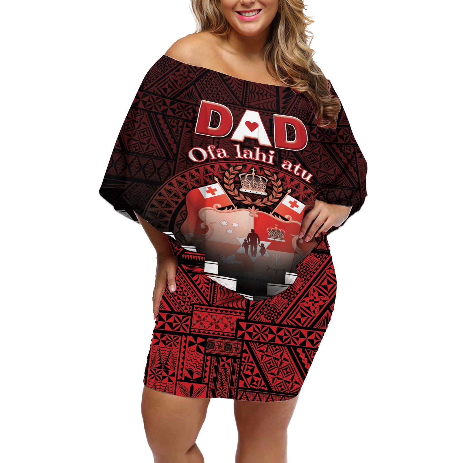 Personalised Tonga Happy Father's Day Off Shoulder Short Dress Ofa Lahi Atu Dad Polynesian Tribal