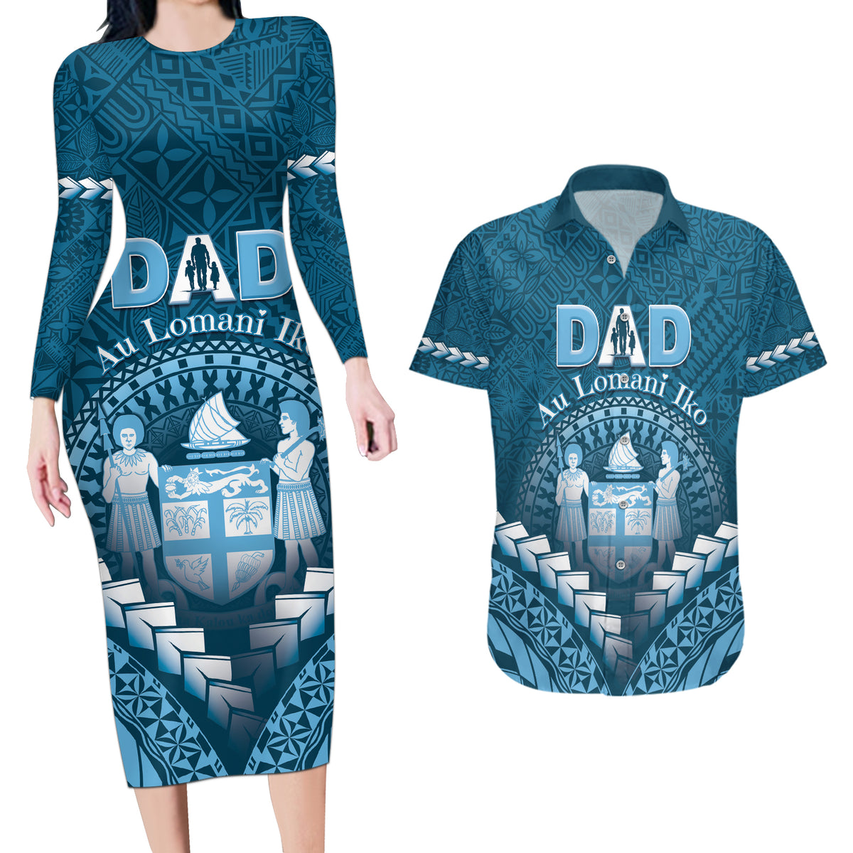 Personalised Fiji Happy Father's Day Couples Matching Long Sleeve Bodycon Dress and Hawaiian Shirt Au Lomani Iko Dad Polynesian Tribal LT05 Blue - Polynesian Pride