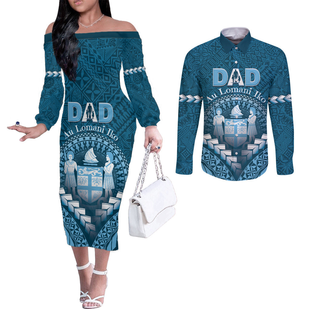 Personalised Fiji Happy Father's Day Couples Matching Off The Shoulder Long Sleeve Dress and Long Sleeve Button Shirt Au Lomani Iko Dad Polynesian Tribal LT05 Blue - Polynesian Pride