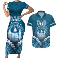Personalised Fiji Happy Father's Day Couples Matching Short Sleeve Bodycon Dress and Hawaiian Shirt Au Lomani Iko Dad Polynesian Tribal LT05 Blue - Polynesian Pride
