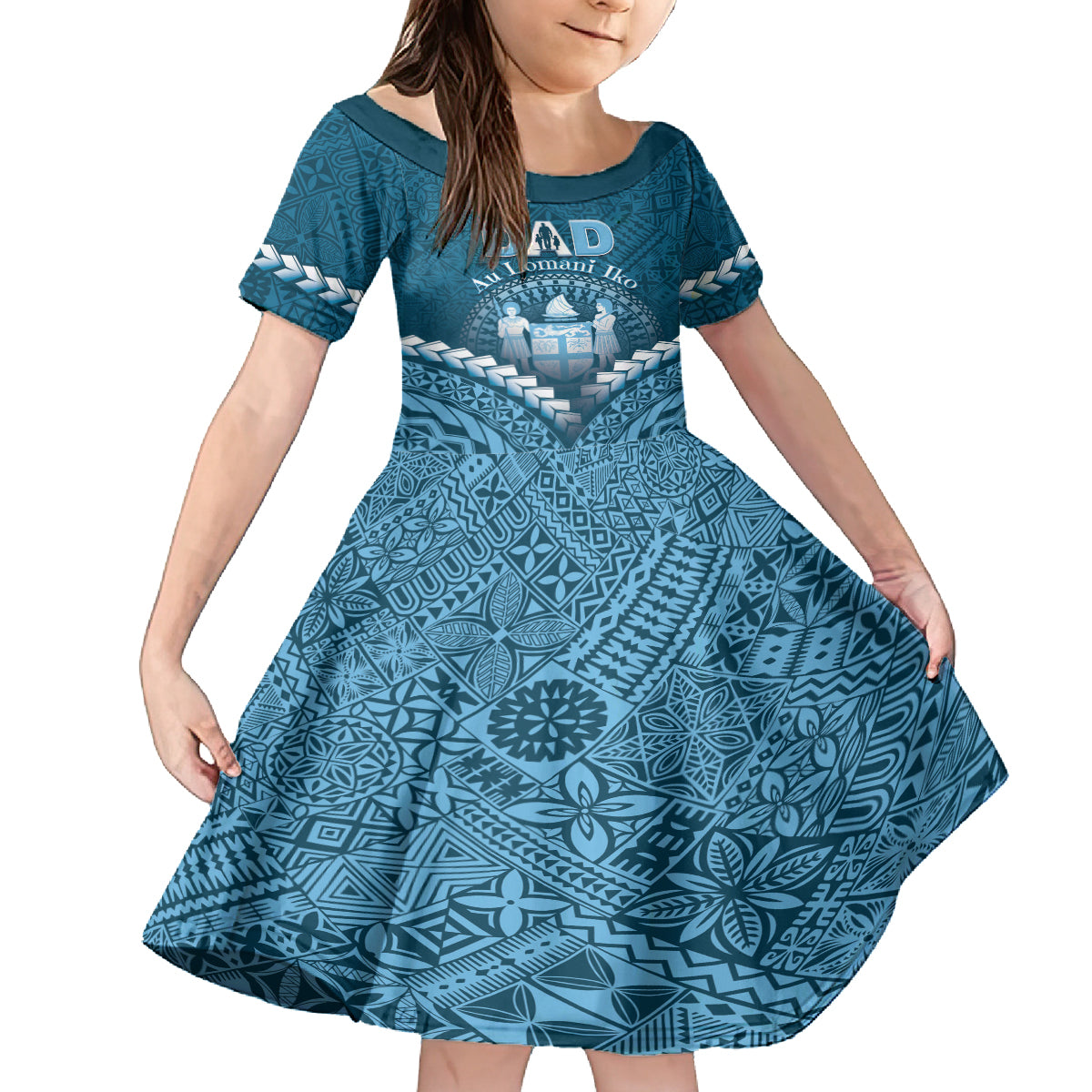 Personalised Fiji Happy Father's Day Family Matching Puletasi and Hawaiian Shirt Au Lomani Iko Dad Polynesian Tribal LT05 Daughter's Dress Blue - Polynesian Pride