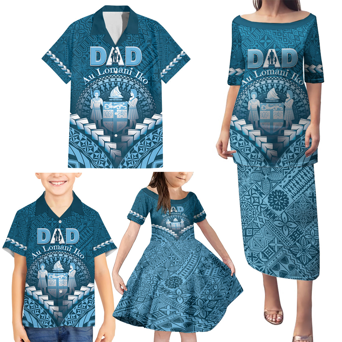 Personalised Fiji Happy Father's Day Family Matching Puletasi and Hawaiian Shirt Au Lomani Iko Dad Polynesian Tribal LT05 - Polynesian Pride