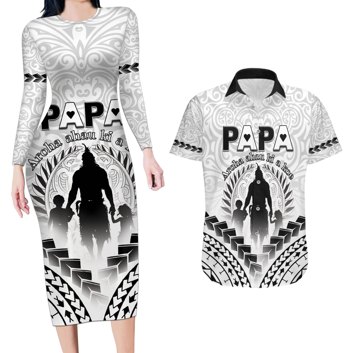 Personalised New Zealand Happy Father's Day Couples Matching Long Sleeve Bodycon Dress and Hawaiian Shirt Aroha Ahau Ki A Koe Papa Polynesian Tribal LT05 White - Polynesian Pride