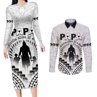 Personalised New Zealand Happy Father's Day Couples Matching Long Sleeve Bodycon Dress and Long Sleeve Button Shirt Aroha Ahau Ki A Koe Papa Polynesian Tribal LT05 White - Polynesian Pride