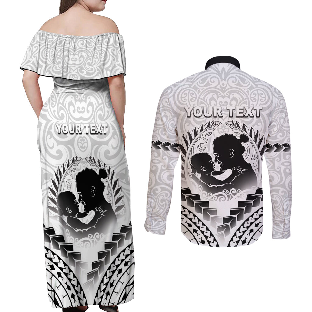 Personalised New Zealand Happy Father's Day Couples Matching Off Shoulder Maxi Dress and Long Sleeve Button Shirt Aroha Ahau Ki A Koe Papa Polynesian Tribal LT05 - Polynesian Pride