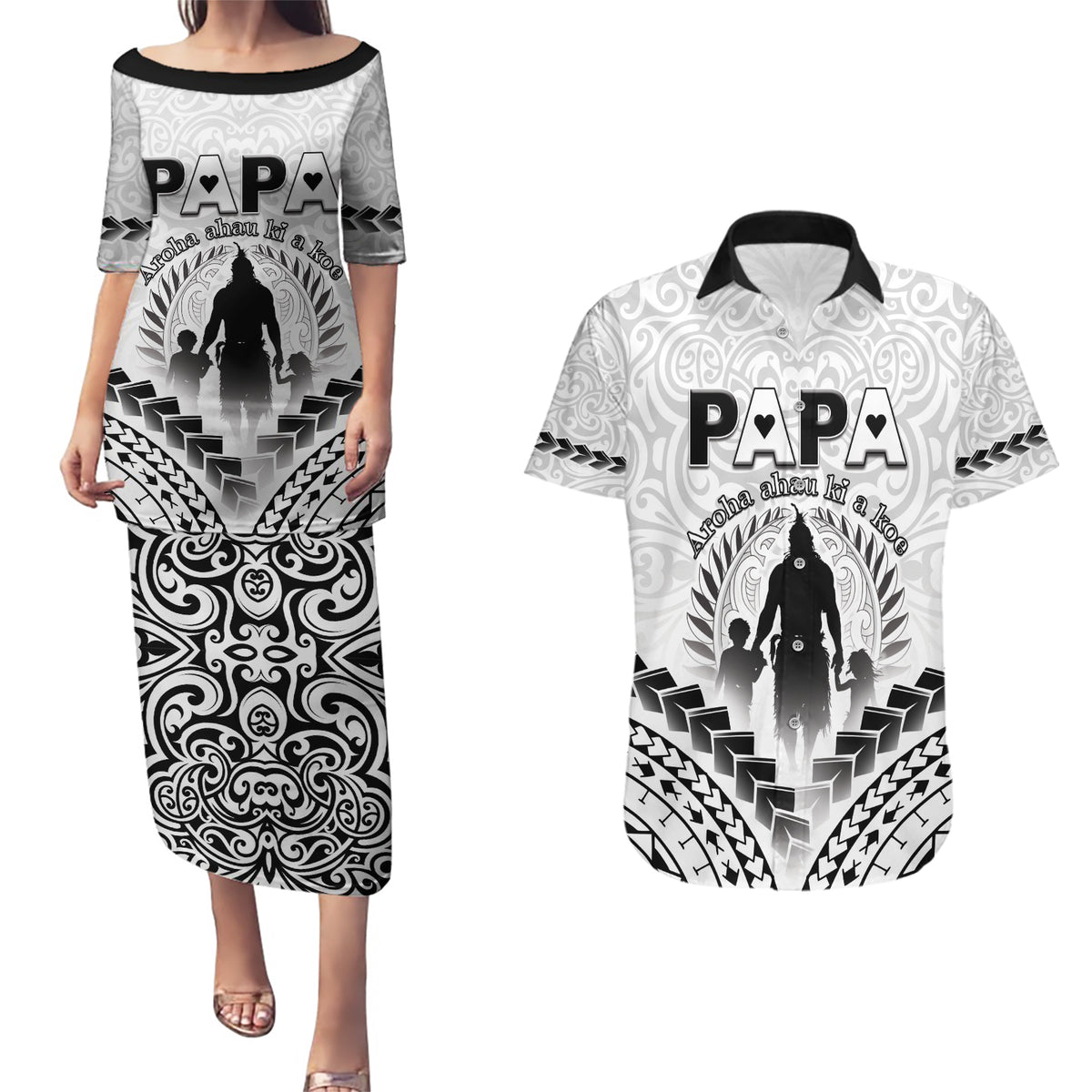 Personalised New Zealand Happy Father's Day Couples Matching Puletasi and Hawaiian Shirt Aroha Ahau Ki A Koe Papa Polynesian Tribal LT05 White - Polynesian Pride