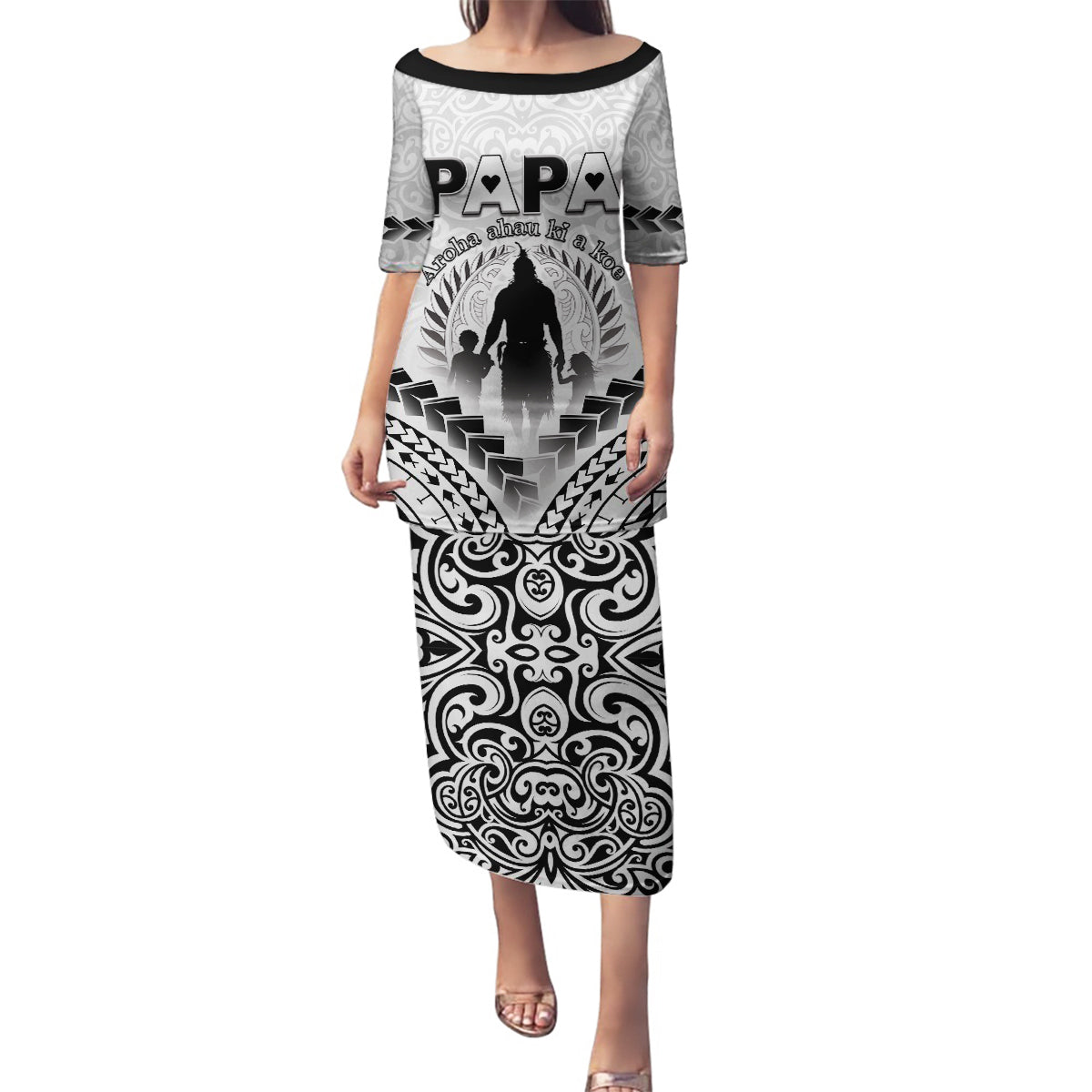 Personalised New Zealand Happy Father's Day Family Matching Puletasi and Hawaiian Shirt Aroha Ahau Ki A Koe Papa Polynesian Tribal LT05 Mom's Dress White - Polynesian Pride