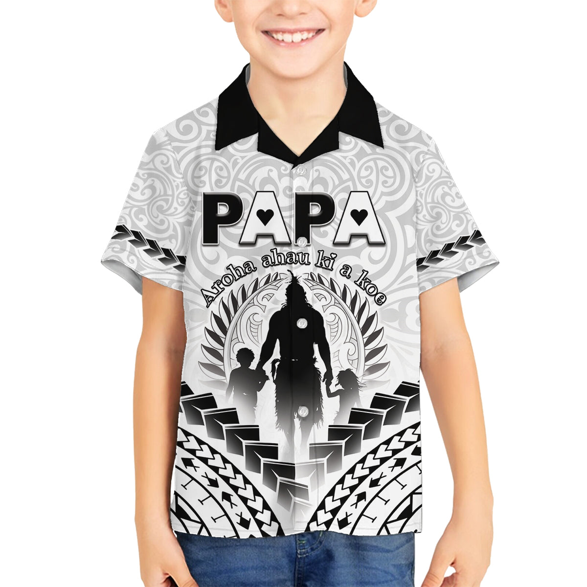 Personalised New Zealand Happy Father's Day Family Matching Puletasi and Hawaiian Shirt Aroha Ahau Ki A Koe Papa Polynesian Tribal LT05 Son's Shirt White - Polynesian Pride