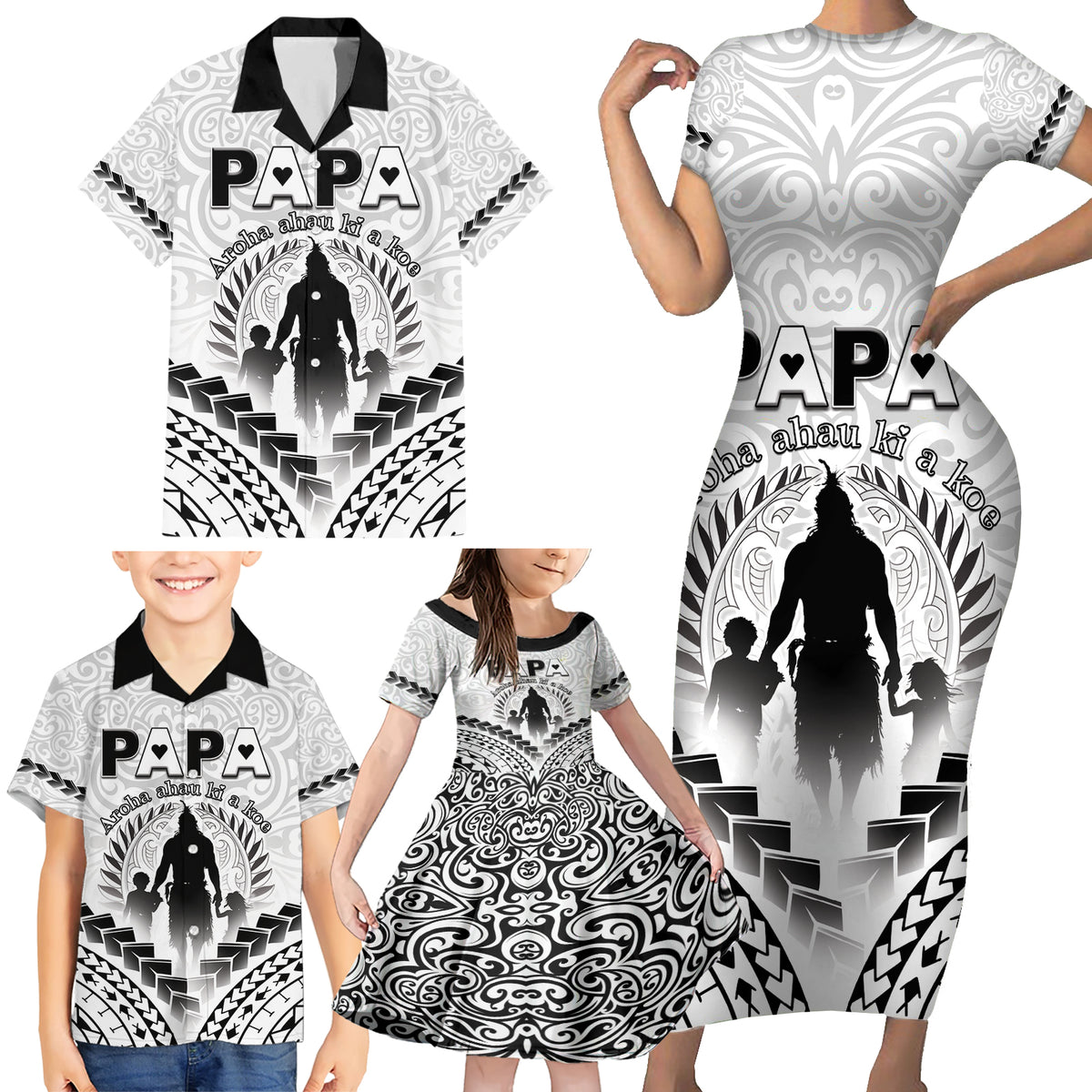 Personalised New Zealand Happy Father's Day Family Matching Short Sleeve Bodycon Dress and Hawaiian Shirt Aroha Ahau Ki A Koe Papa Polynesian Tribal LT05 - Polynesian Pride