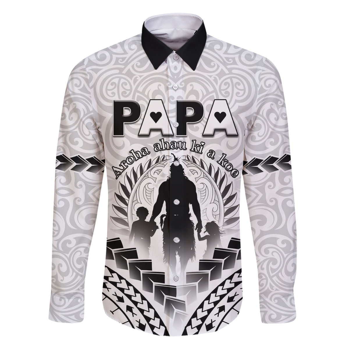 Personalised New Zealand Happy Father's Day Family Matching Short Sleeve Bodycon Dress and Hawaiian Shirt Aroha Ahau Ki A Koe Papa Polynesian Tribal LT05 Dad's Shirt - Long Sleeve White - Polynesian Pride