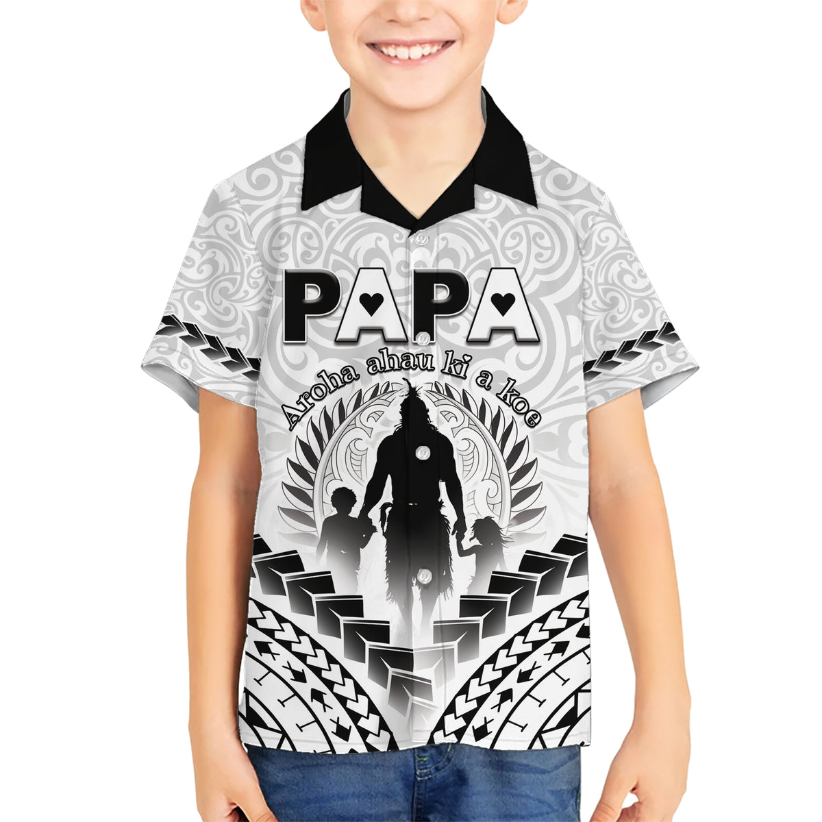 Personalised New Zealand Happy Father's Day Family Matching Short Sleeve Bodycon Dress and Hawaiian Shirt Aroha Ahau Ki A Koe Papa Polynesian Tribal LT05 Son's Shirt White - Polynesian Pride